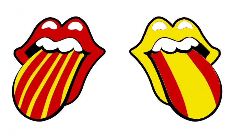 картинка двух языков в стиле флага Каталонии и Испании